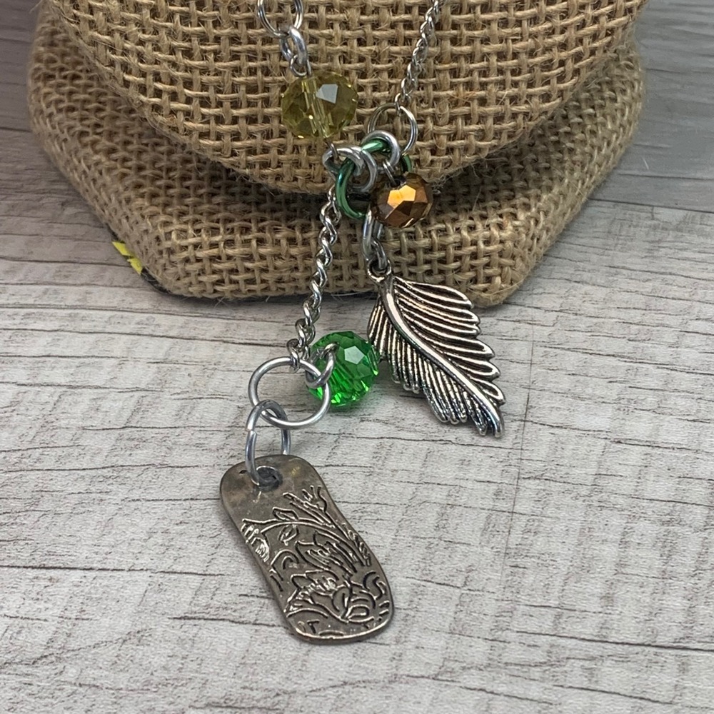 Silver Tone Passion Feather Charm Necklace Green Amber Beads 20 Inch